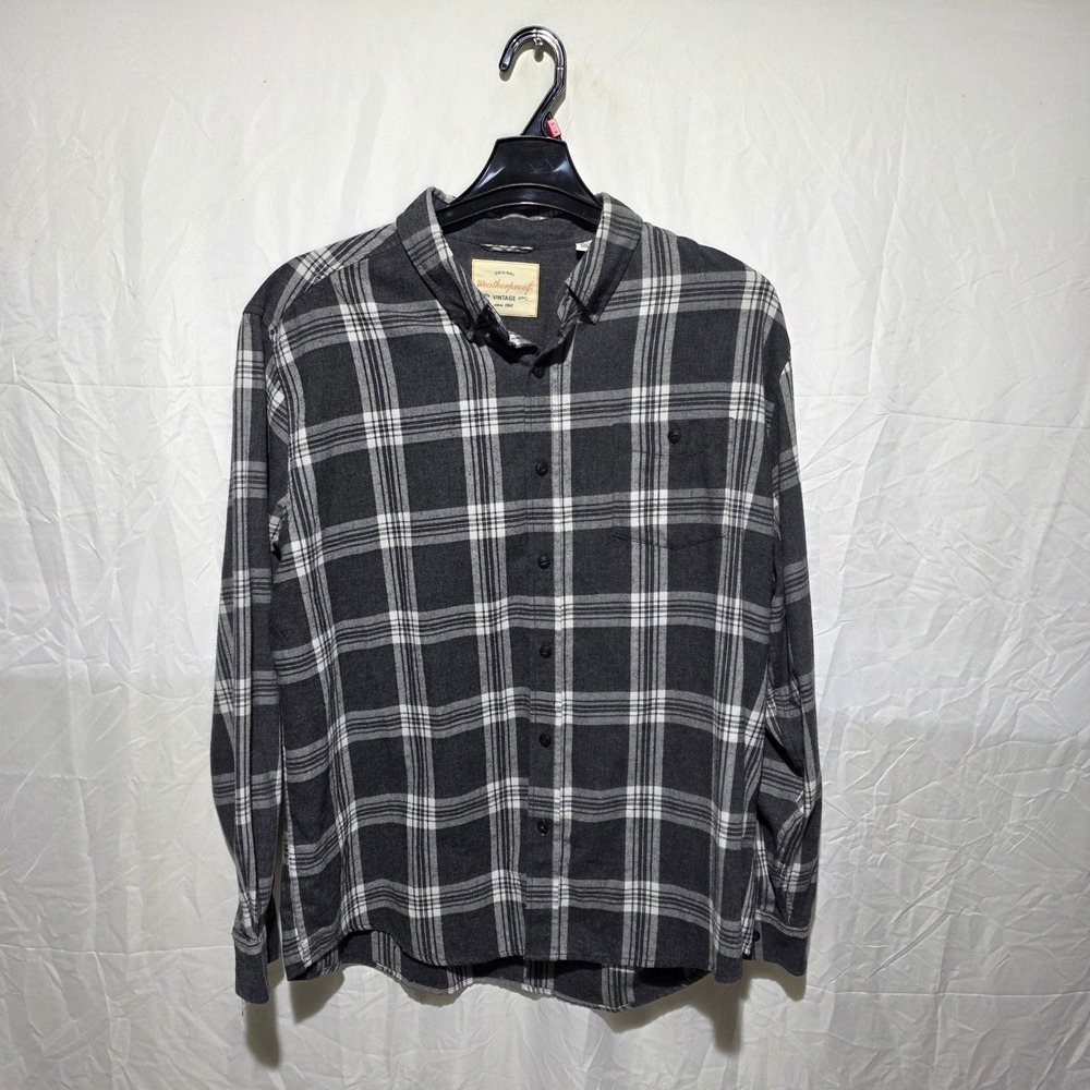 Weatherproof Vintage Mens XXL Gray Plaid Flannel Button Down Shirt Long Sleeve